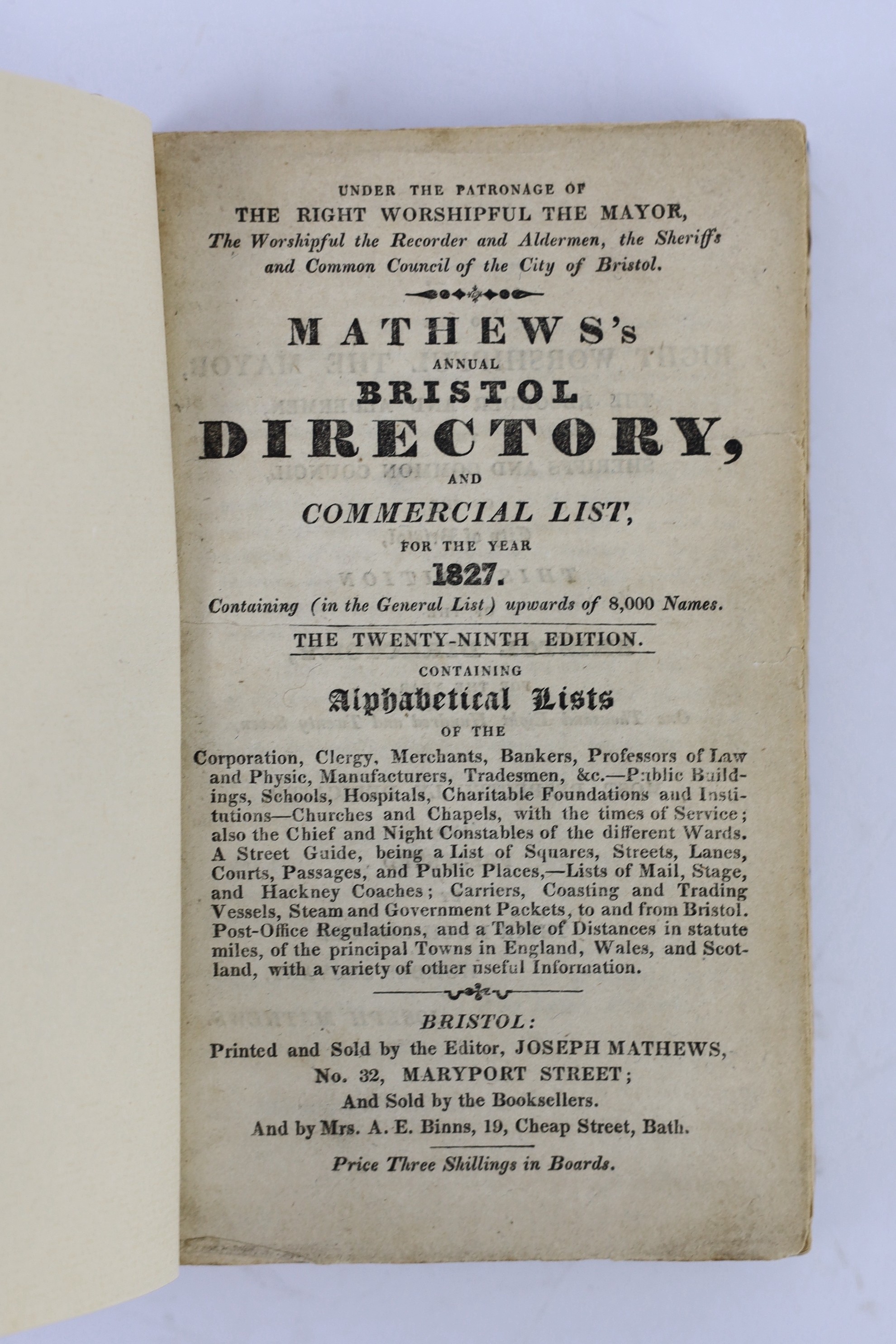 SOMERSET, BRISTOL: Bristoliensis - The Bristol Guide including a Description of the Curiosities of its Vicinity. 3rd edition revised and considerably enlarged. original paperboards, rebacked cloth, retaining most of orig